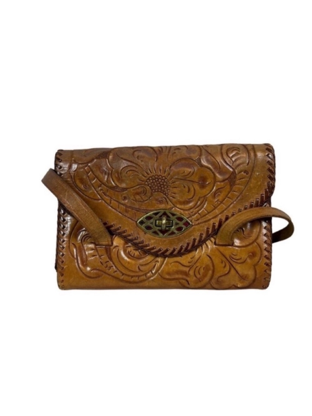 vintage leather Mexican hand tooled Floral Motif Shoulder bag